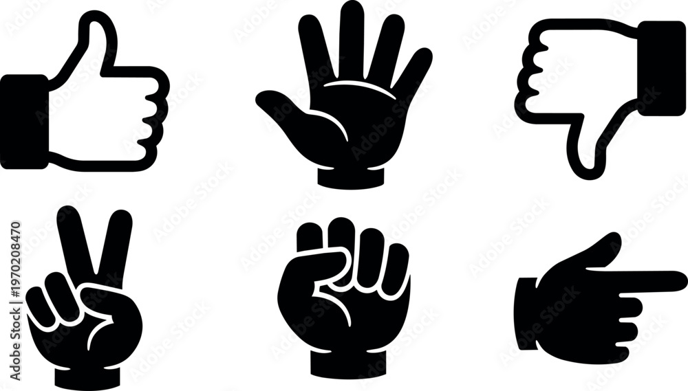 Fototapeta premium Black and white vector art hand gesture icons with thumbs up peace and pointing