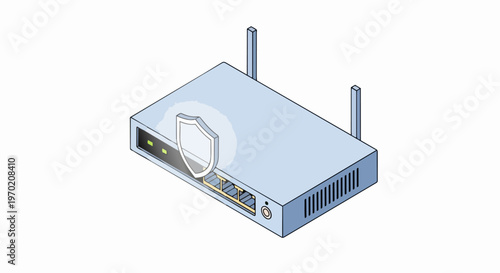 Isometric Wi-Fi Router with Security Shield Icon - Cybersecurity and Network Protection Concept