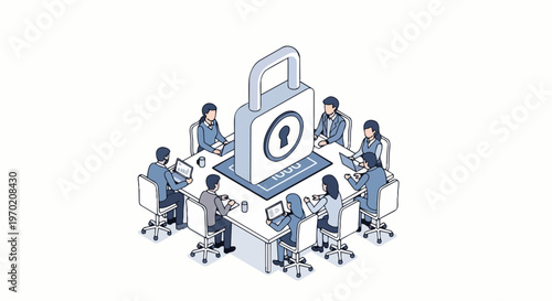 Isometric Business Team Meeting Around Large Padlock for Cybersecurity and Data Protection Concept