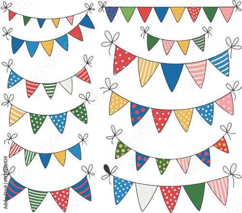 Triangular pennant banners, colorful party flags, festive decoration design, cheerful celebration motif, pastel vector art, event graphic, playful background, decorative set