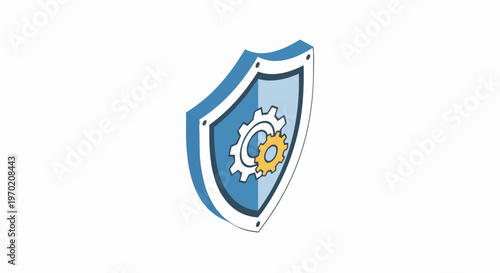 Isometric Shield with Gears Icon for Cybersecurity, Technical Protection, and System Reliability Illustration