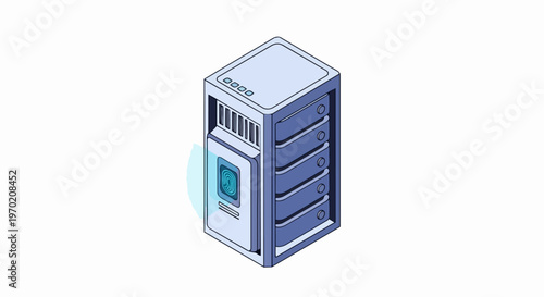 Secure Server Rack with Biometric Fingerprint Scanner Isometric Illustration - Cybersecurity, Data Protection, and Cloud Computing Concept