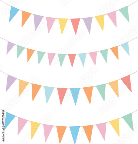 Triangular pennant flags, colorful party banners, festive decoration design, cheerful celebration motif, pastel vector art, event graphic, playful background, decorative set