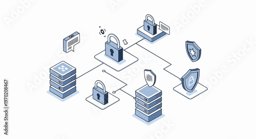 Isometric Cybersecurity Concept Illustration: Secure Network Infrastructure and Data Protection with Servers, Locks, and Shields for Digital Privacy