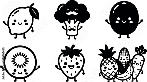 Black and white line art happy fruits and vegetables characters with faces