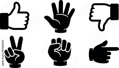 Black and white vector art hand gesture icons with thumbs up peace and pointing