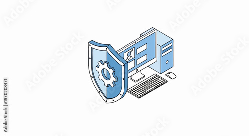 Isometric Computer Security and Data Protection Illustration - Desktop PC Protected by a Shield with Gear Icon for Cybersecurity and System Safety