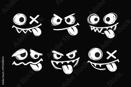 Hand drawn graffiti style monster faces with tongue out, expressive cartoon emoji set white on black background.