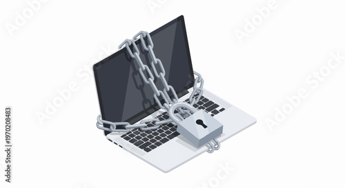 Isometric Laptop Wrapped in Chains with Padlock for Cyber Security and Data Protection Concept