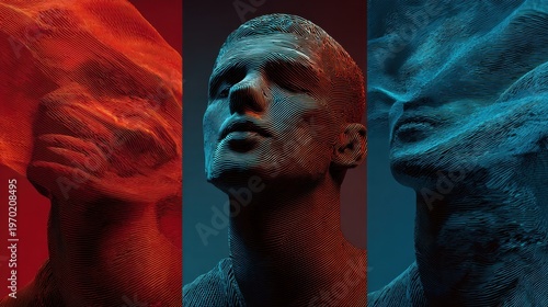 Graphic design of a three-panel male head, 3D render, with a red-blue gradient background, detailed texture, atmospheric, hyperrealistic photography.