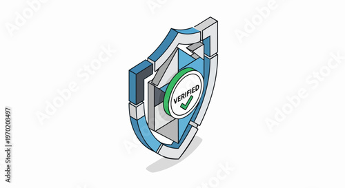 Isometric 3D Security Shield with Verified Badge and Checkmark, Cyber Security and Data Protection Concept Illustration