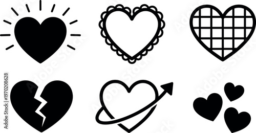 Black and white heart icons with arrow broken and decorative outlines