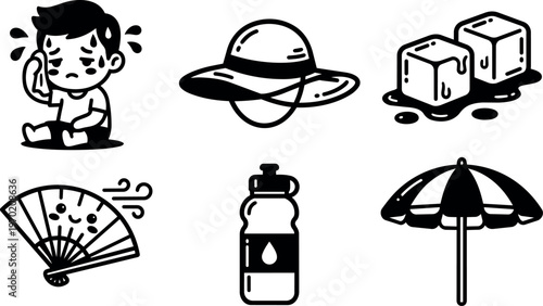 Black and white sweating boy with summer heat icons fan hat ice cubes umbrella