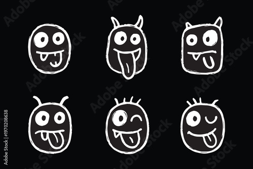Hand drawn graffiti style monster faces with tongue out, expressive cartoon emoji set white on black background.