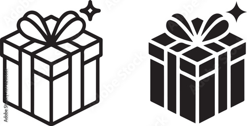 Gift box icons in outline and solid styles featuring bow ribbons and sparkles representing holiday presents celebrations and surprise rewards