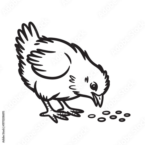 A simple black and white illustration of a chicken pecking at seeds