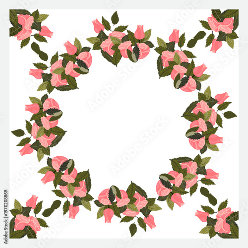 A frame decorated with two light pink roses and a bud in each corner and a circle in the center. Vector illustration isolated on a white background.