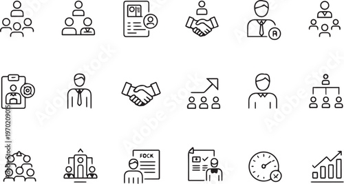Human resources and team management line icons set illustrating recruitment hierarchy handshake and business growth for corporate leadership