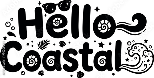 Hello coastal lettering with seashells sunglasses and ocean waves vector art