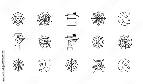 A set of minimalist Halloween icons featuring spider webs and hats