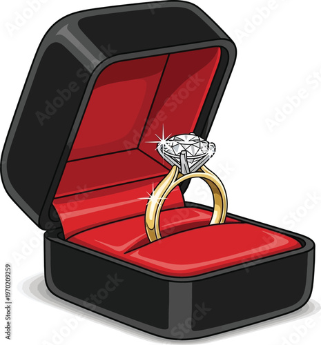 A brilliant diamond engagement ring in an open black box with red velvet interior ideal for themes of love marriage proposals and luxury jewelry