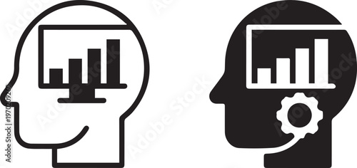 Minimalist profile head icons with bar chart and gear symbols representing data analysis cognitive processing and strategic business logic