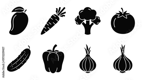 A collection of fresh produce including mango carrot broccoli tomato cucumber pepper onion and garlic silhouette high quality professional detailed modern