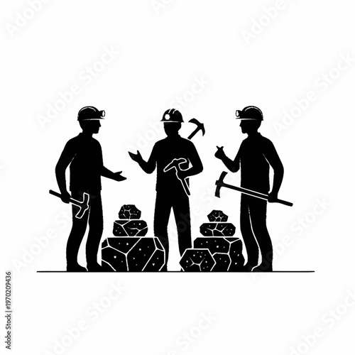 Miners with pickaxes and raw minerals discussing work.