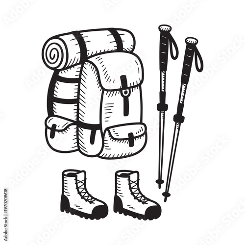 Sketch of hiking gear including a backpack boots and trekking poles