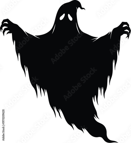 A black silhouette of a ghost with glowing eyes