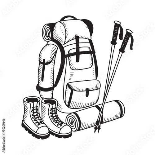 Black and white illustration of hiking gear including backpack and boots