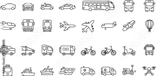 Set of transportation icons representing various modes of travel including cars buses planes trains and boats in minimal thin line style