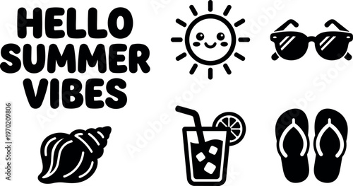 Hello summer vibes text with sun sunglasses seashell drink and flip flops vector art