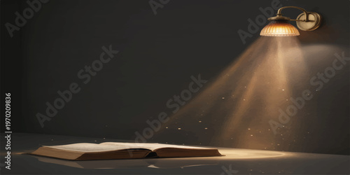 Old book with a glowing candle under a dark night sky with northern lights and stars reflecting over water