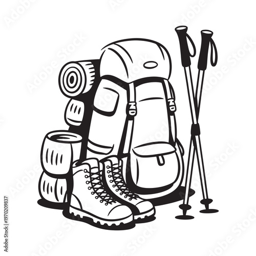 Black and white illustration of hiking gear including backpack and boots