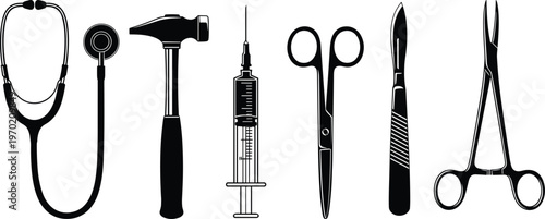 Medical tools silhouettes vector set, healthcare equipment collection including stethoscope syringe scissors scalpel forceps, black isolated instruments for hospital clinic design illustration