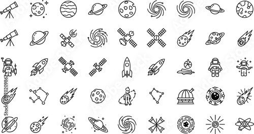 Space exploration and astronomy outline icon set with planets rockets satellites galaxies and cosmic symbols for science education design
