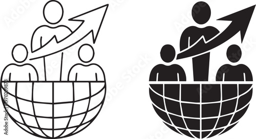 Team growth and leadership icon set featuring people over globe with upward arrow in line and solid style representing global achievement