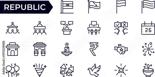 Republic and Election Line Icon Set for Voting, Democracy, Government, Ballot System, Polling Station and Political Process Outline Vector Collection