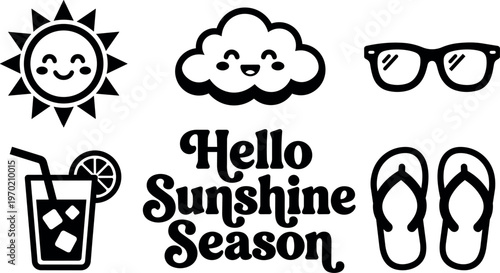 Hello sunshine season lettering with sun cloud sunglasses flip flops and drink icons