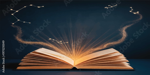 Open book glowing with magical light symbolizing knowledge wisdom and fantasy learning
