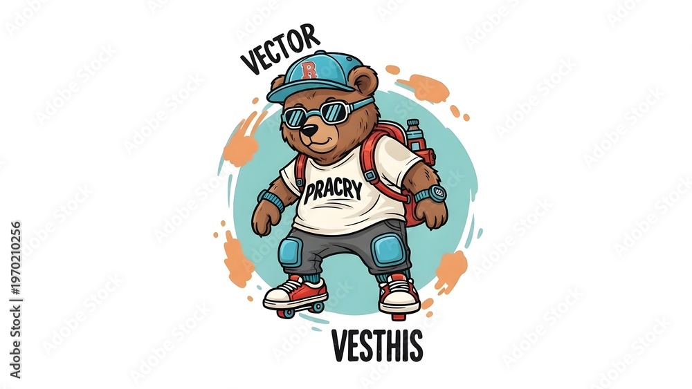 Naklejka premium Cool retro cartoon bear character on roller skates wearing a baseball cap and sunglasses, ready for a fun urban adventure, perfect for a quirky lifestyle design
