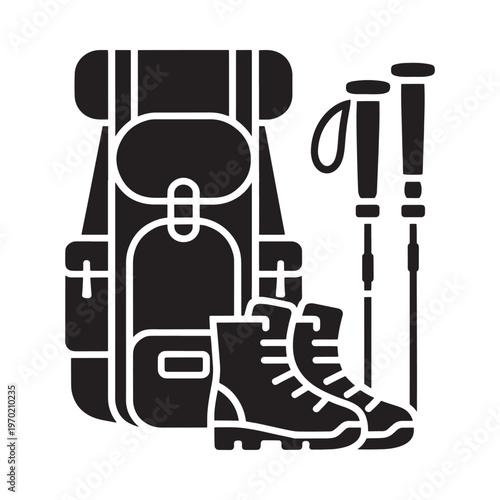 Black silhouette icon depicting hiking backpack boots and trekking poles
