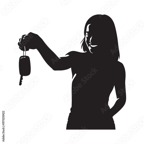 Silhouette of a woman holding car keys symbolizing freedom and ownership