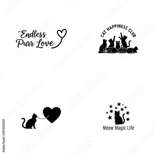 Four black cat with text and hearts kitten feline