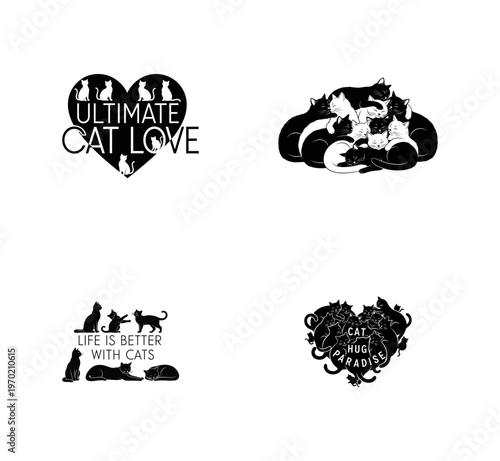 Four black cat with text on white background cats feline