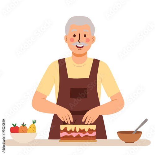 Elderly man preparing dessert in kitchen while smiling happily. Elderly set