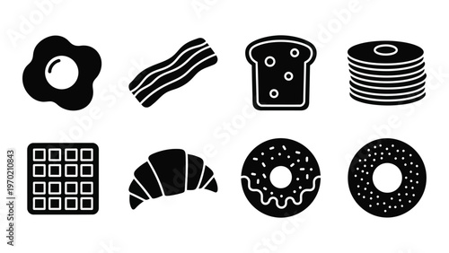 A collection of breakfast and dessert food icons including eggs bacon bread and pastries in black silhouette high quality professional detailed