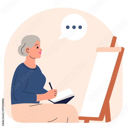 Senior woman sketching in notebook while seated by easel. Elderly set