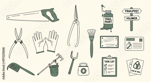 Vintage hand tools and signs collection isolated on transparent background detailed sketch illustration